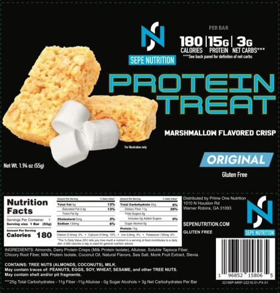 Sepe Nutrition Protein Treat ingredient view showing tree nuts and milk allergen content.