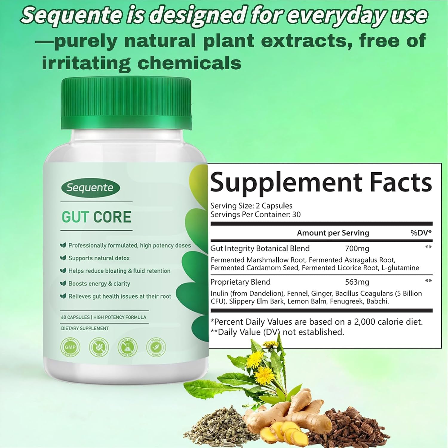 Sequente GutCore bottle pour showing easy, on-the-go relief.