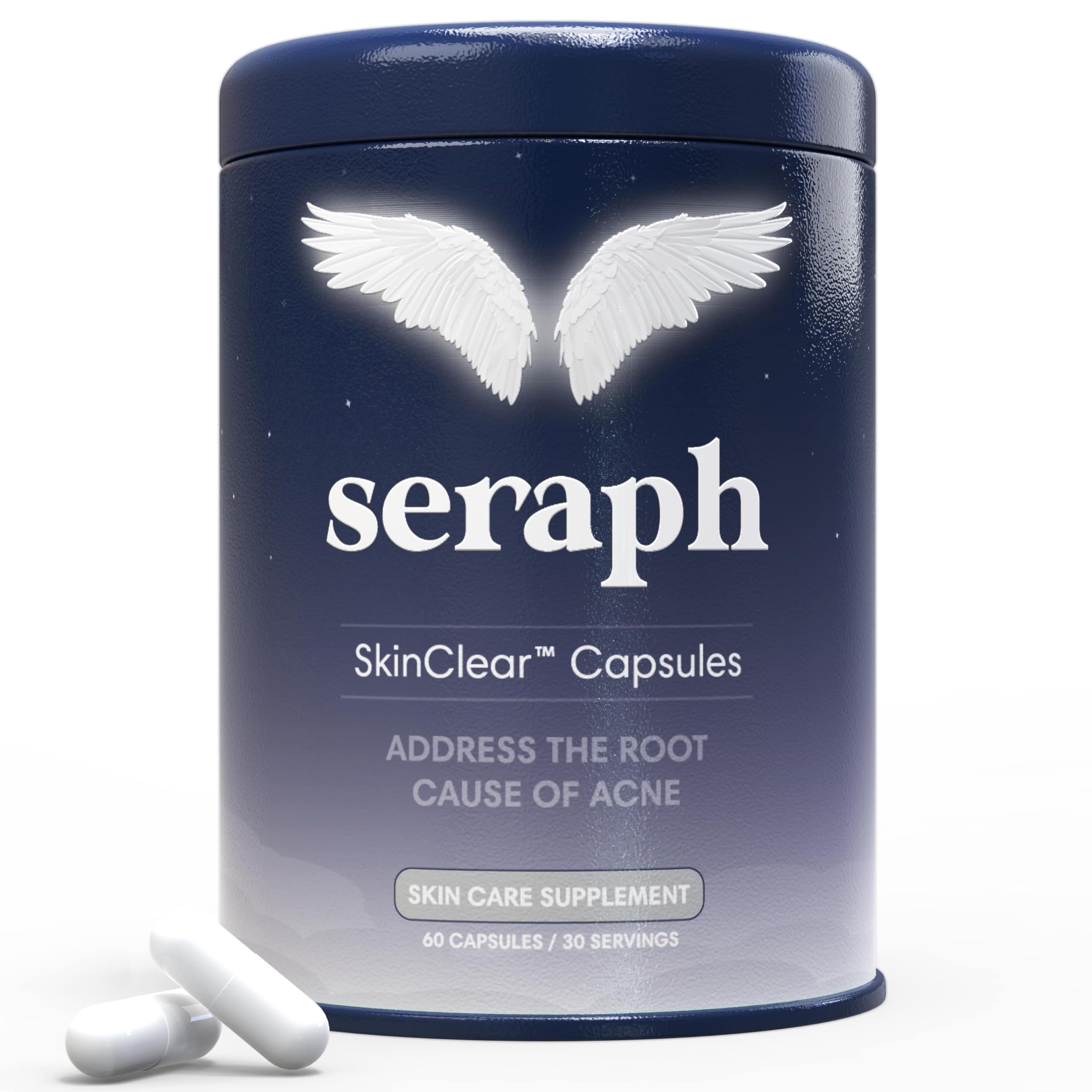Seraph Acne Supplement bottle front for hormonal support potential.