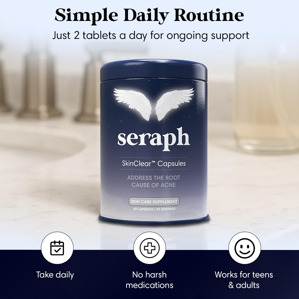 Seraph Acne Supplement packaging closeup underscores clean ingredients.