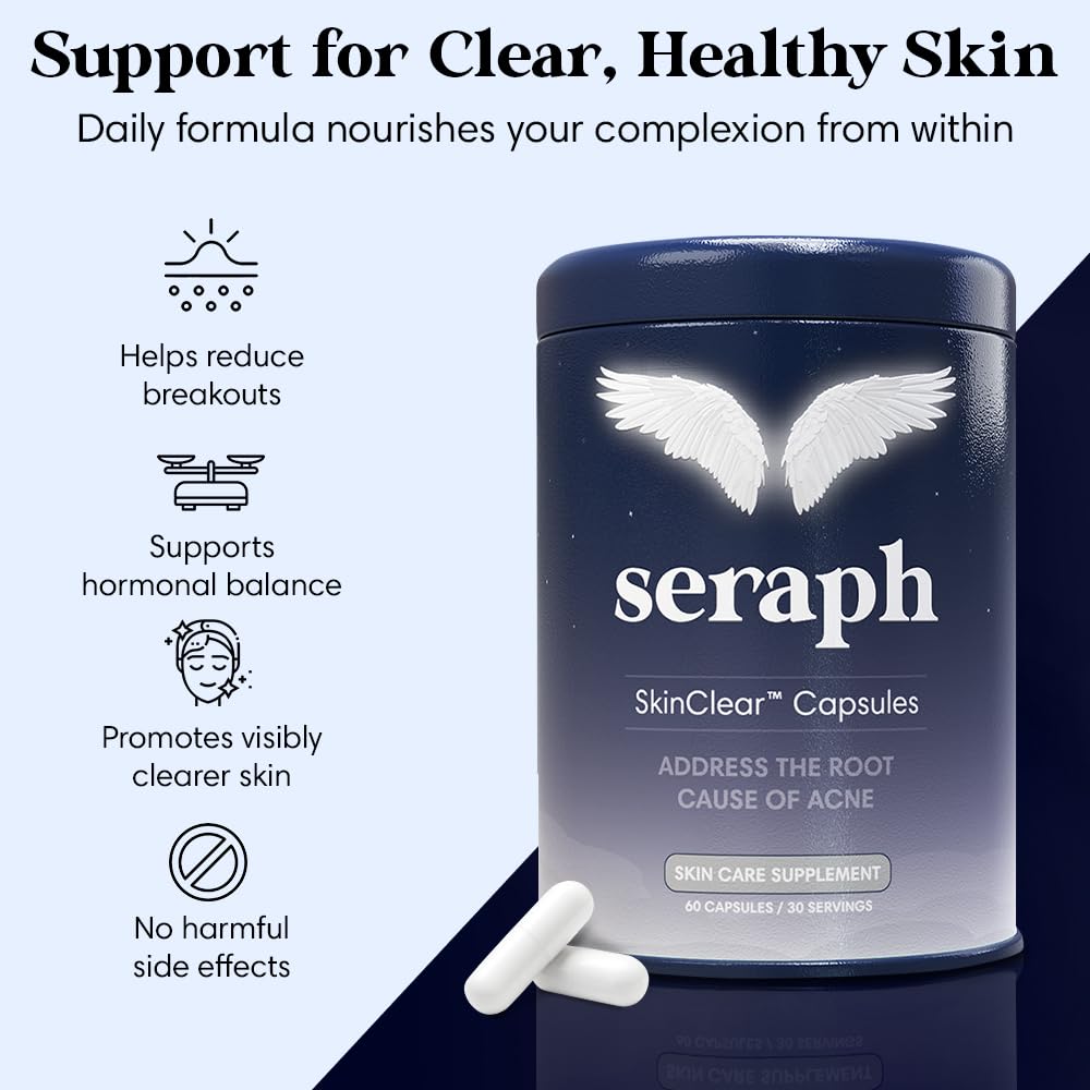 Seraph Acne Supplement pouring capsules for easy daily intake.