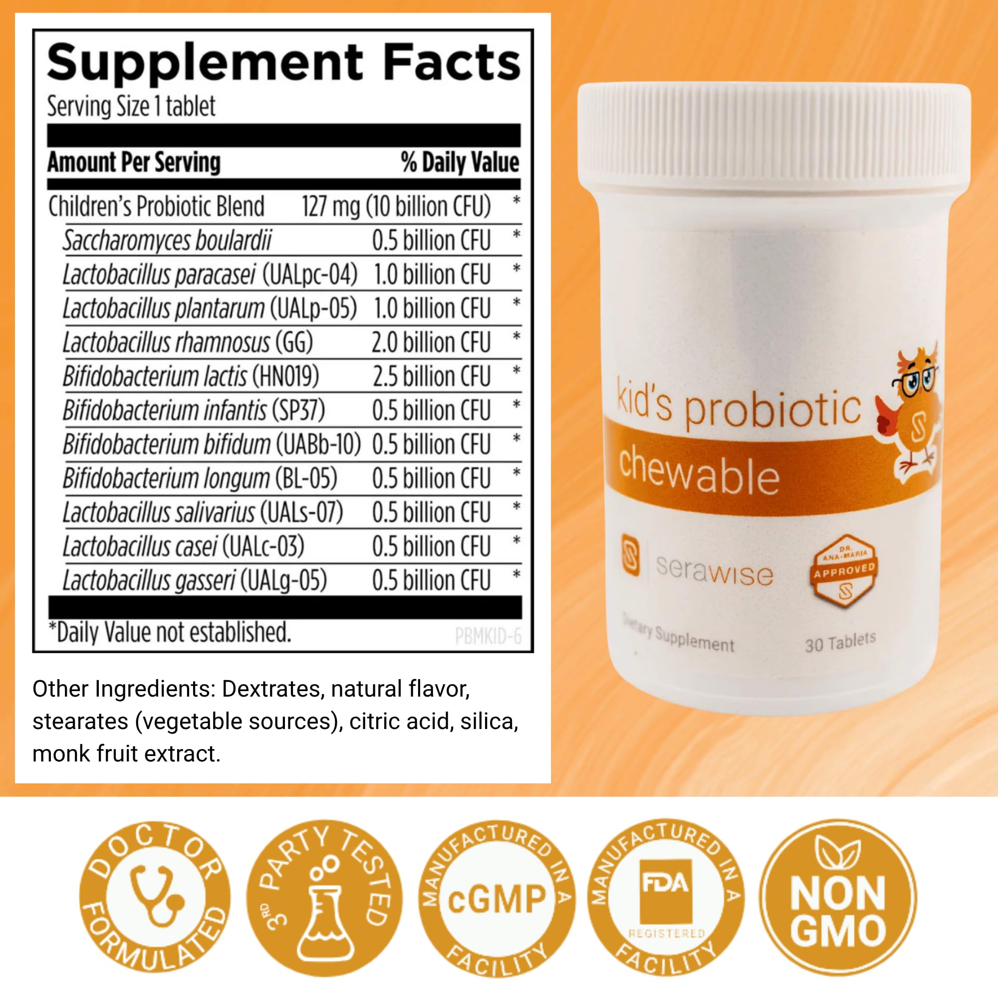 Serawise probiotic label close-up with clear ingredients