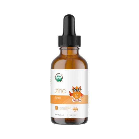 Serawise Organic Liquid Zinc bottle-pour, showing easy, mild-tasting mineral support.
