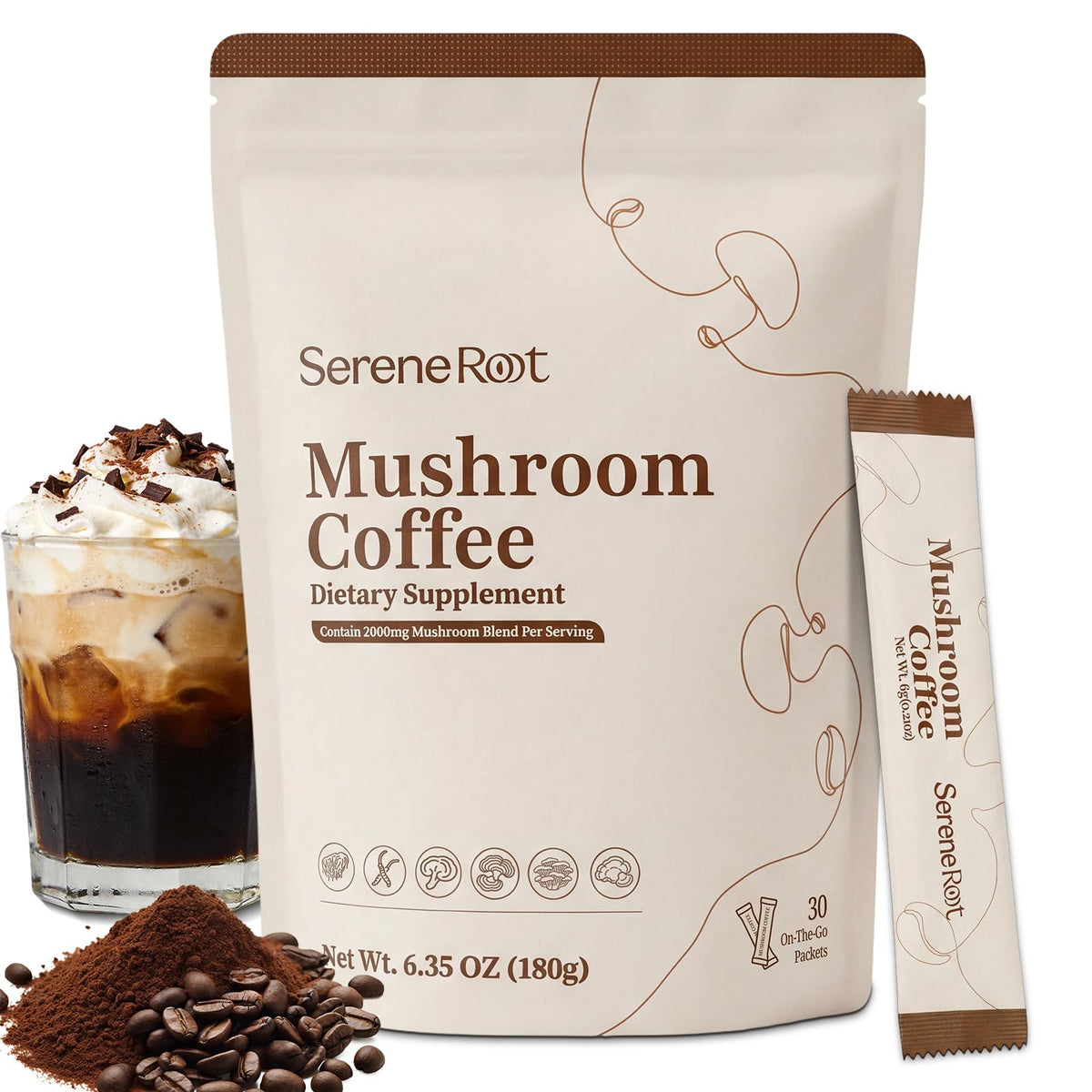 SereneRoot mushroom coffee sachet packaging for on-the-go wellness