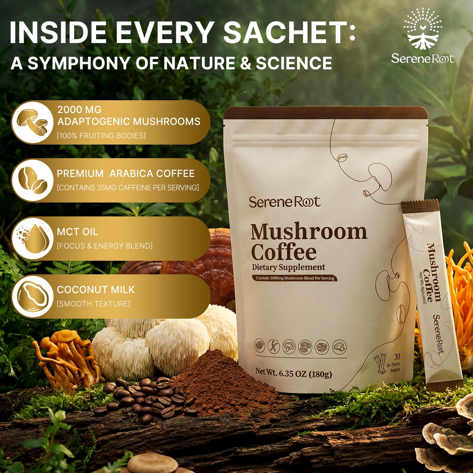 SereneRoot mushroom coffee sachet ready to tear and use