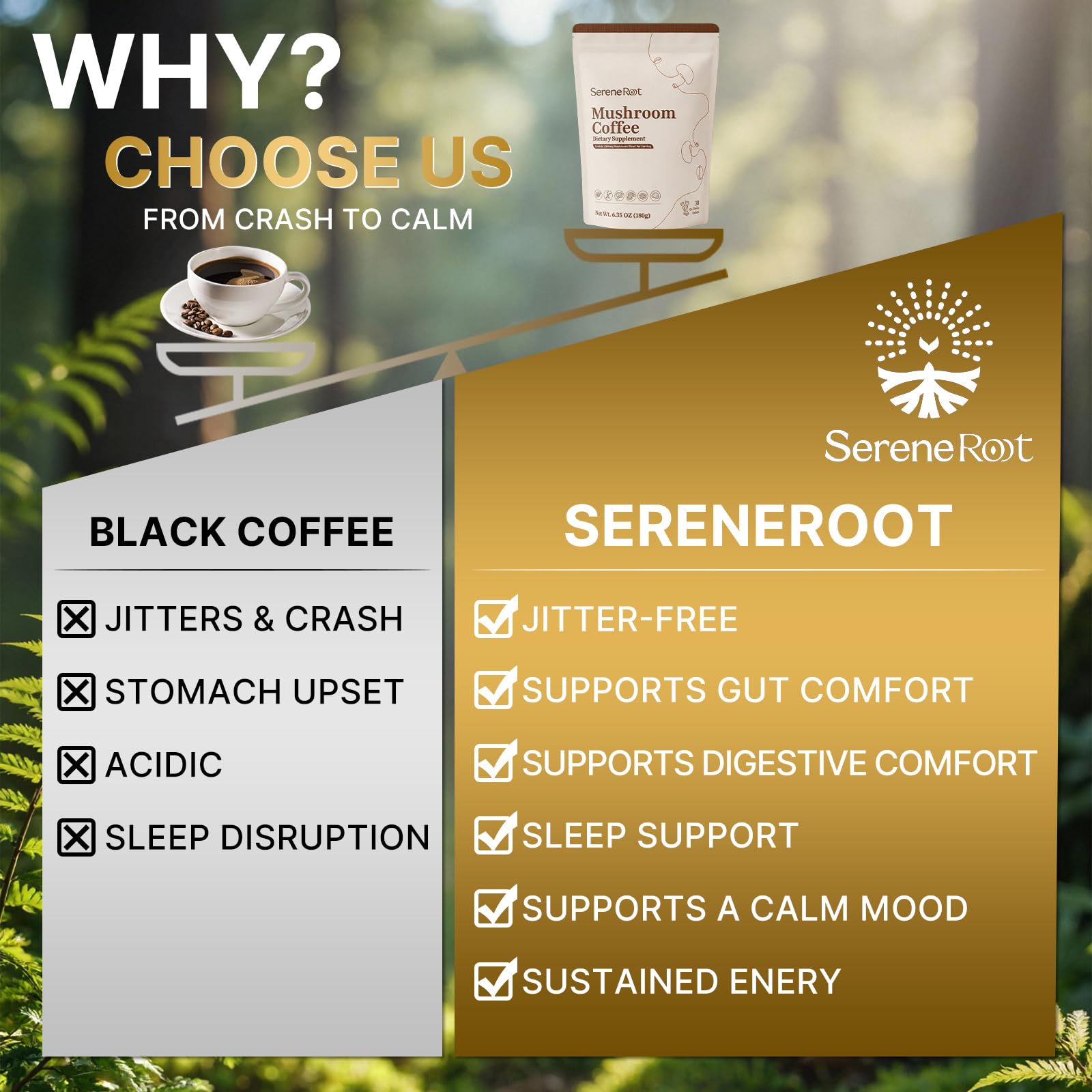 Steaming SereneRoot coffee in a mug with balanced aroma