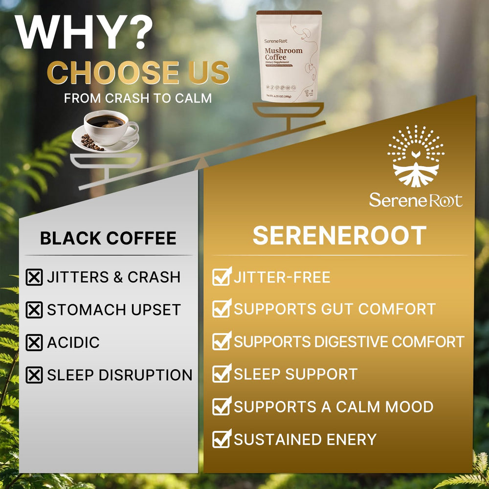 Steaming SereneRoot coffee in a mug with balanced aroma