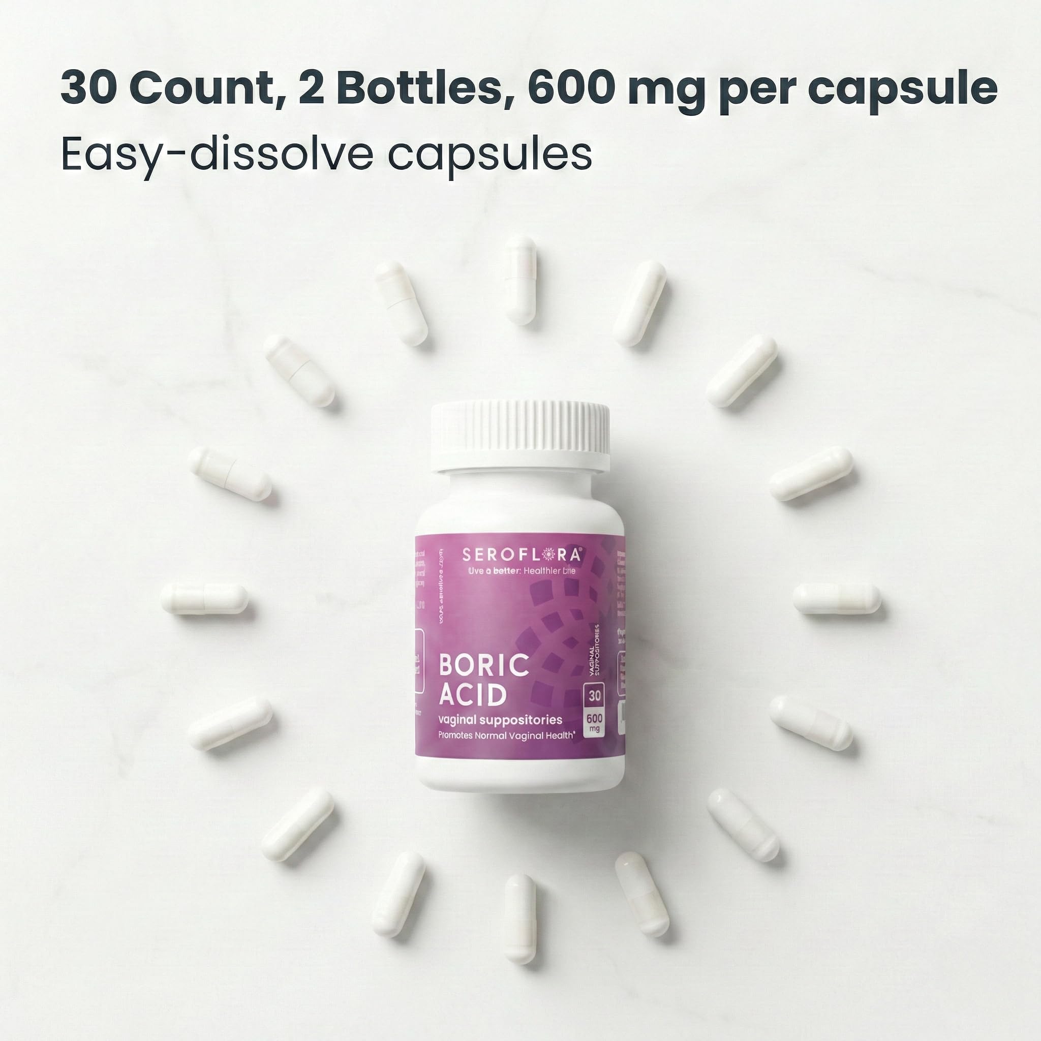 Close-up of Seroflora 600mg capsule highlighting precise dosage for balance.