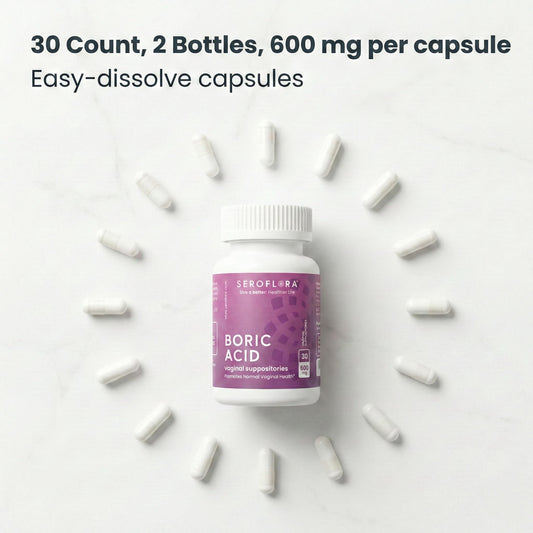Close-up of Seroflora 600mg capsule highlighting precise dosage for balance.
