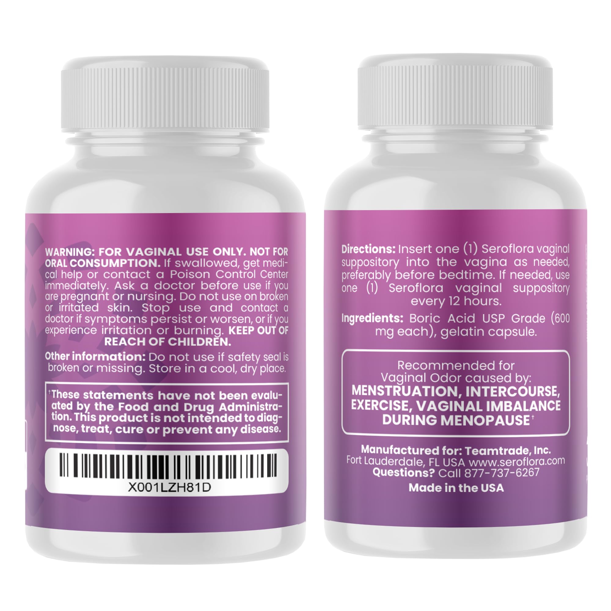 Seroflora boric acid bottle close-up showing pre-filled 600 mg capsules