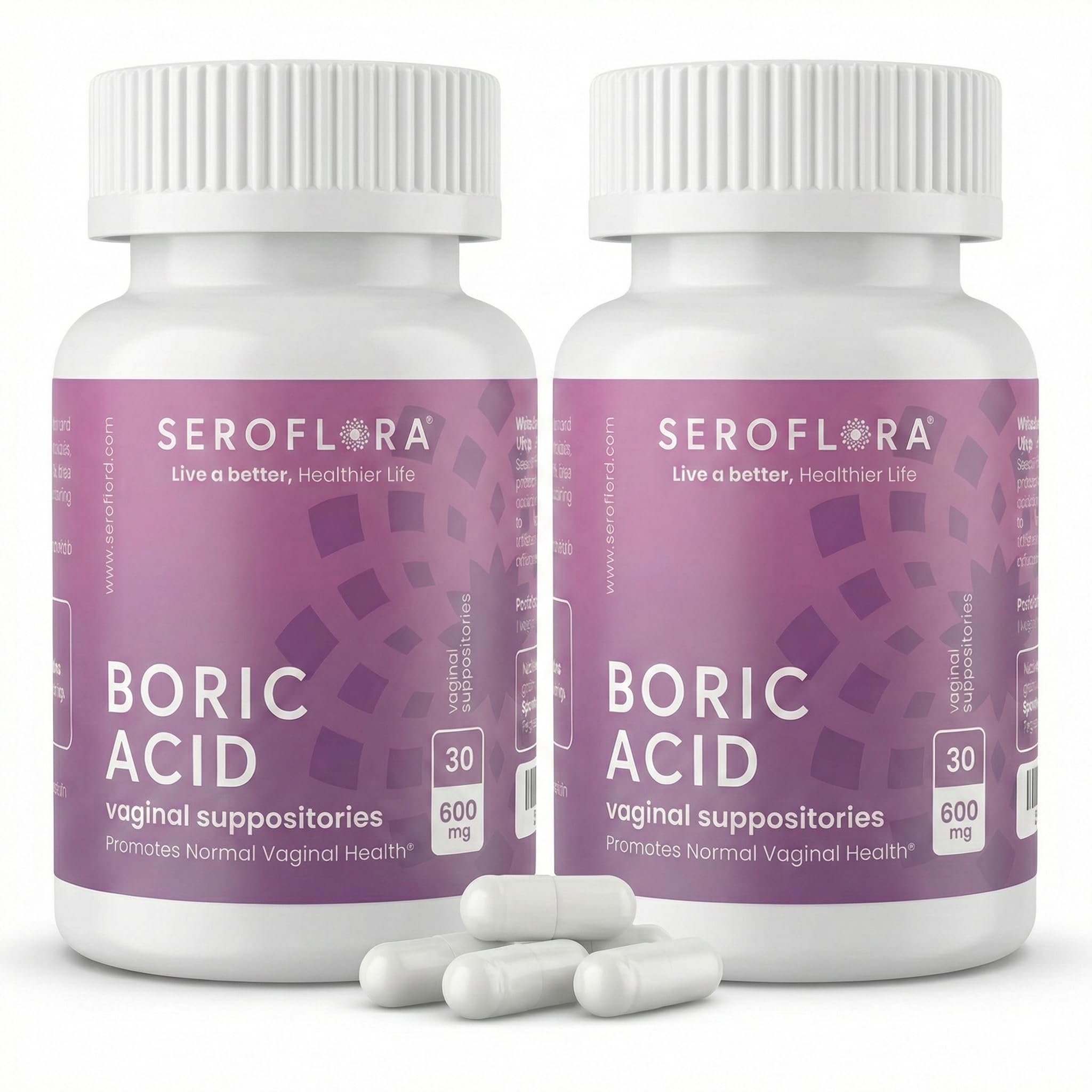 Seroflora boric acid vaginal suppositories packaging shows fragrance-free, clean feminine care.