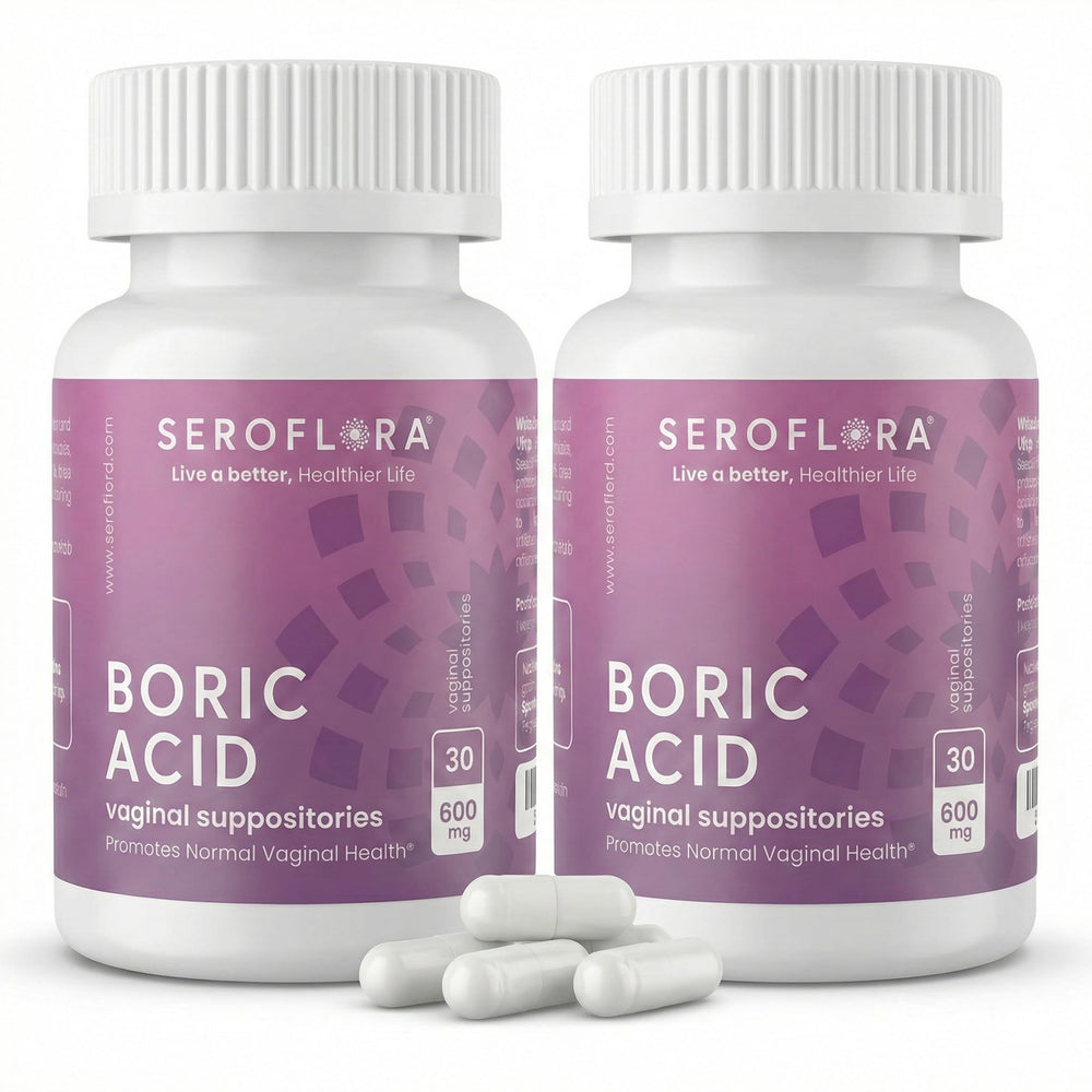 Seroflora boric acid vaginal suppositories packaging shows fragrance-free, clean feminine care.