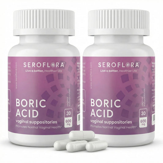 Seroflora boric acid vaginal suppositories packaging shows fragrance-free, clean feminine care.
