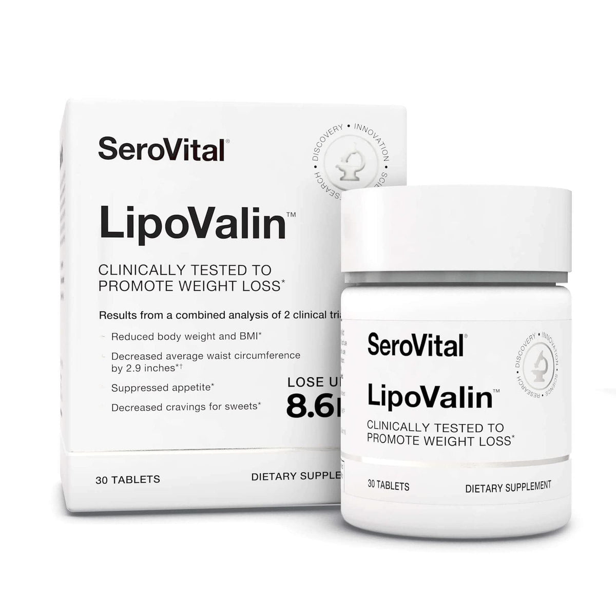 Serovital Lipovalin bottle front for daily weight management support.