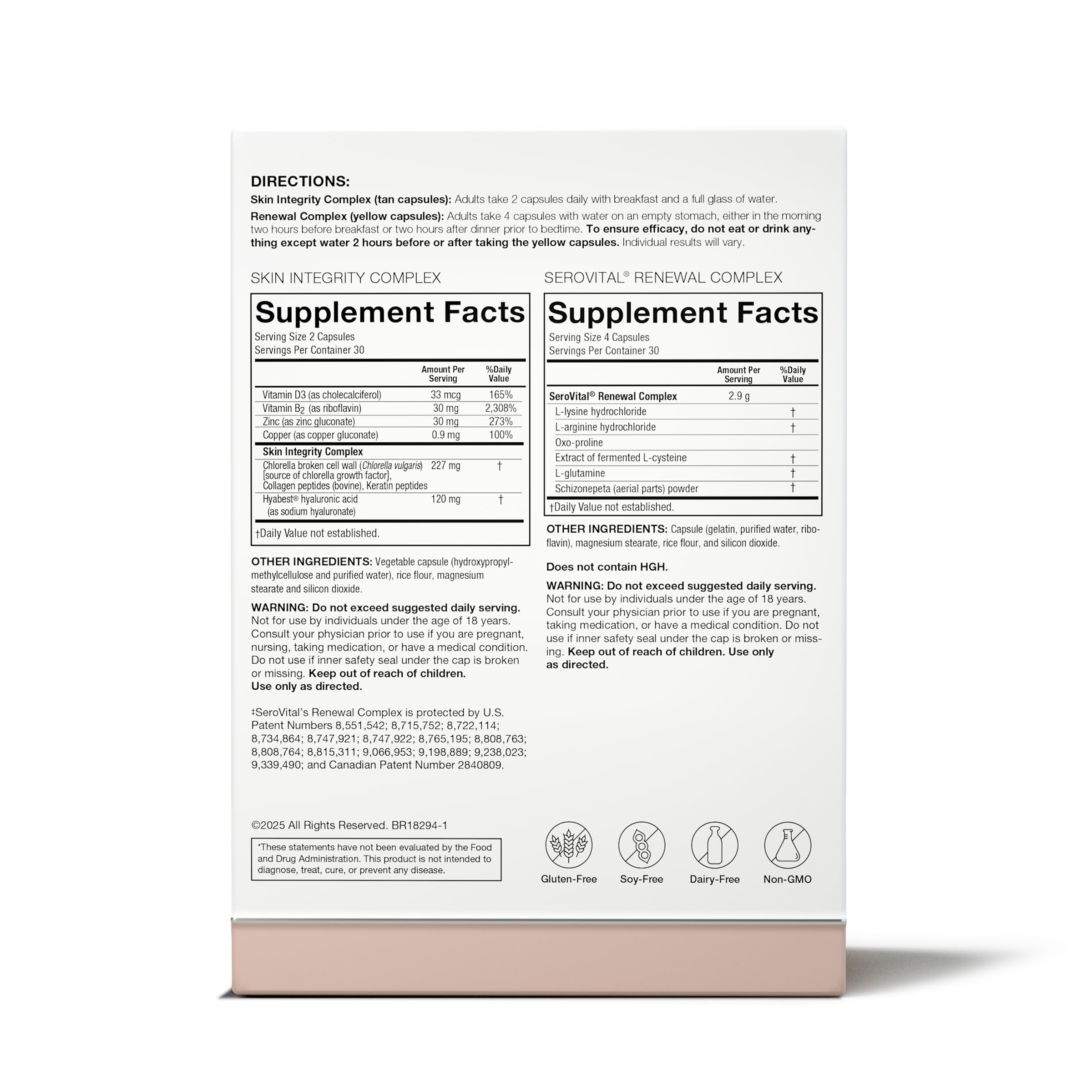 Serovital Skin Revive ingredients panel emphasizing hyaluronic acid and peptides.