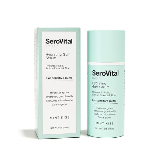 Serovital Smile Gum Serum bottle showcases hydrating formula for sensitive gums