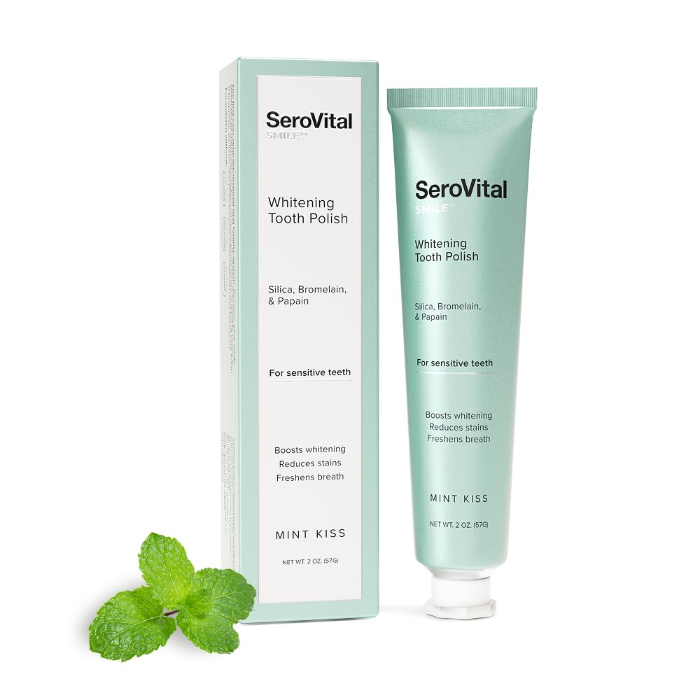 Serovital Smile whitening polish tube closeup shows enamel-safe whitening benefits.