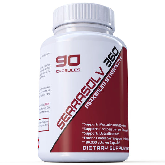 Serrasolv 360 enteric-coated capsule bottle for enhanced enzyme delivery and potential respiratory support.