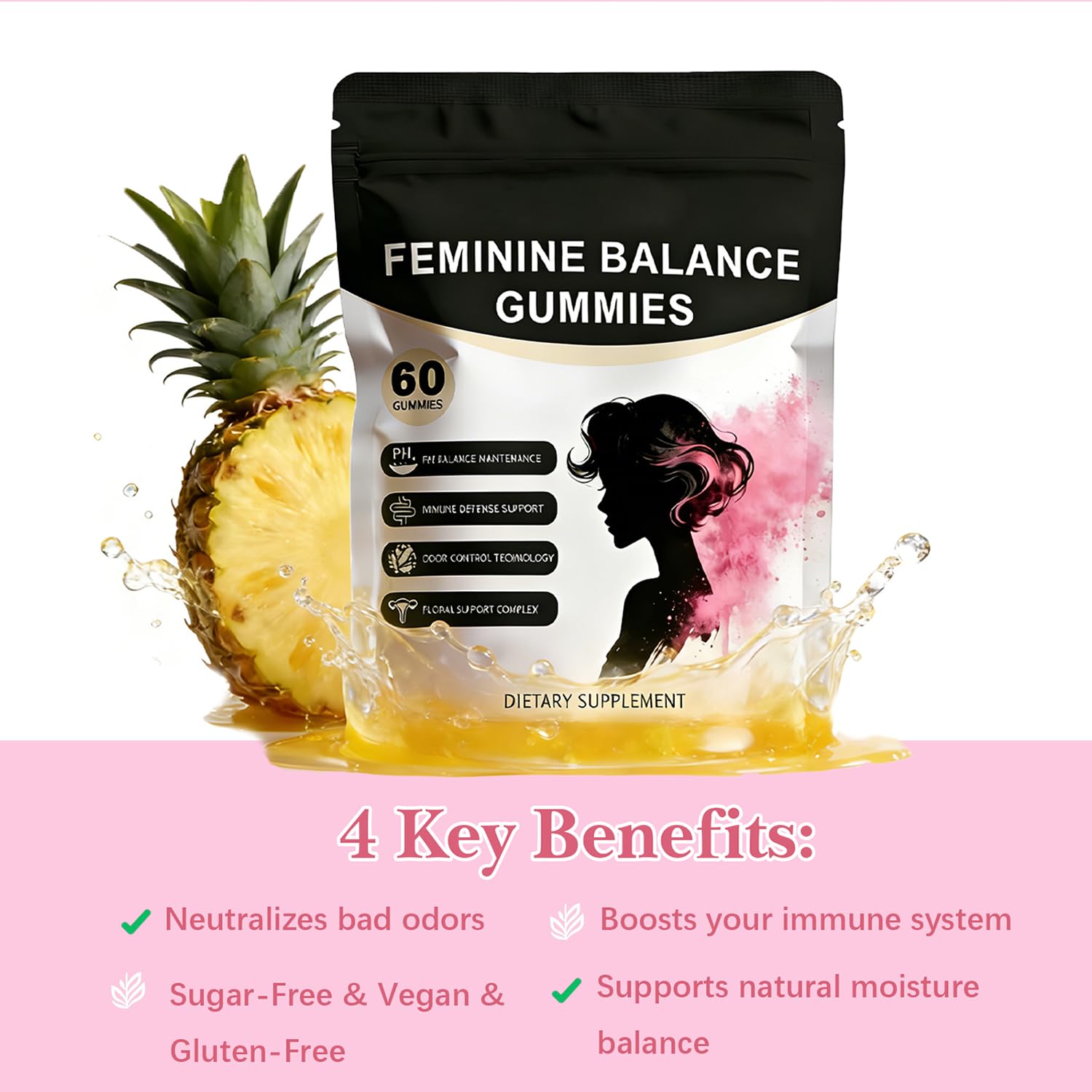 SERSANVE Feminine Balance gummies close-up highlights tropical pineapple flavor for a tasty daily bite.