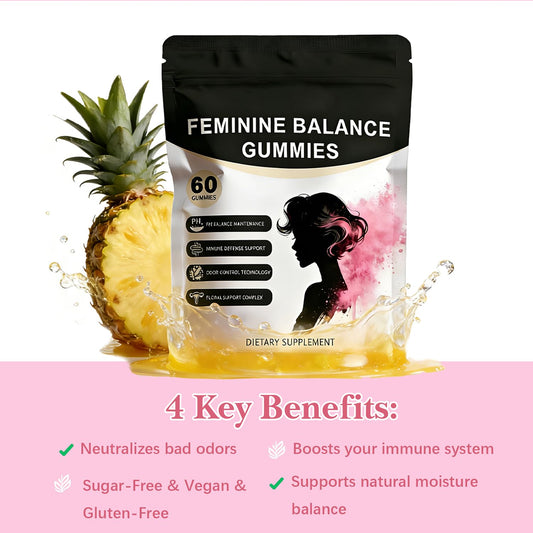 SERSANVE Feminine Balance gummies close-up highlights tropical pineapple flavor for a tasty daily bite.