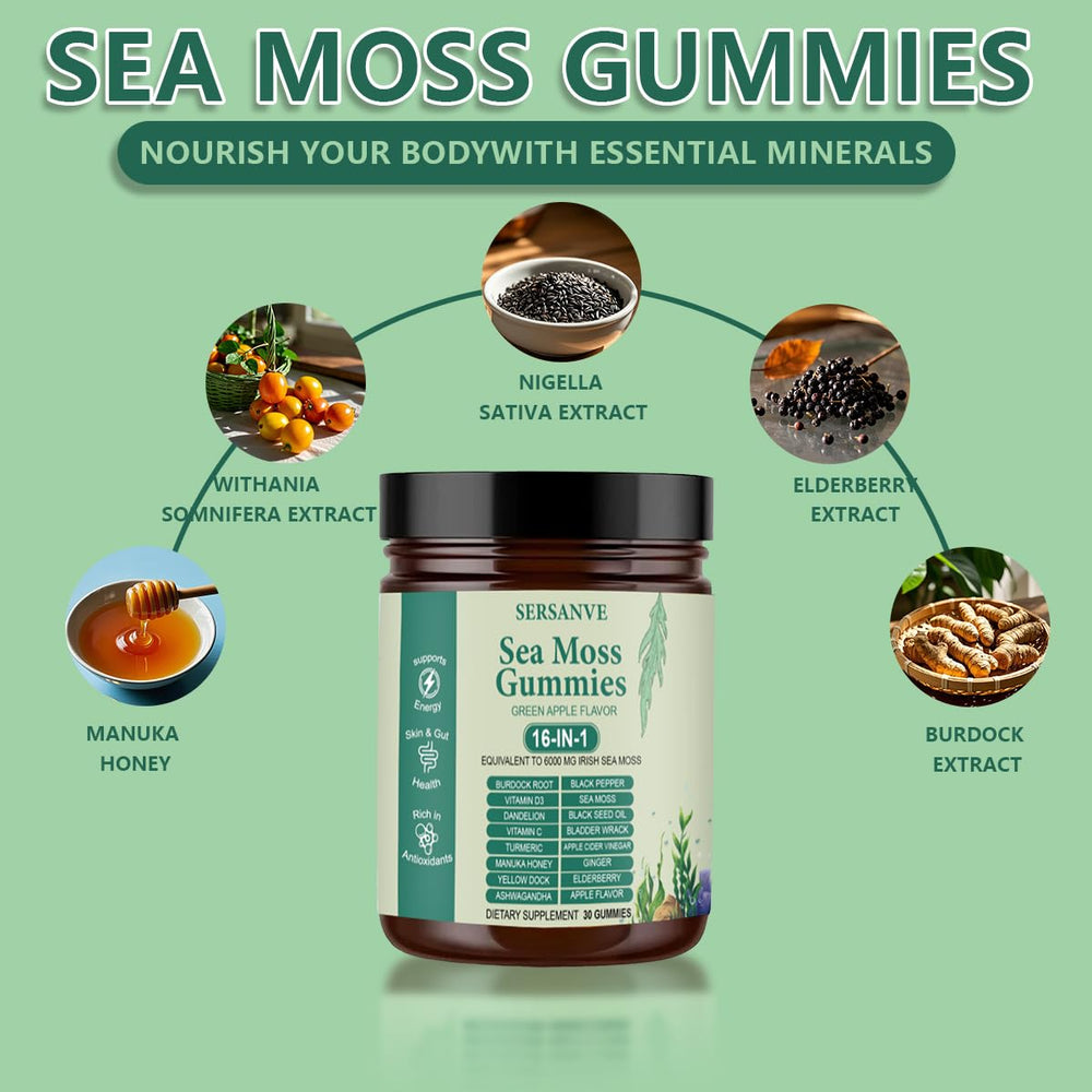 SERSANVE Sea Moss Gummies packaging highlights the 16-in-1 formula.