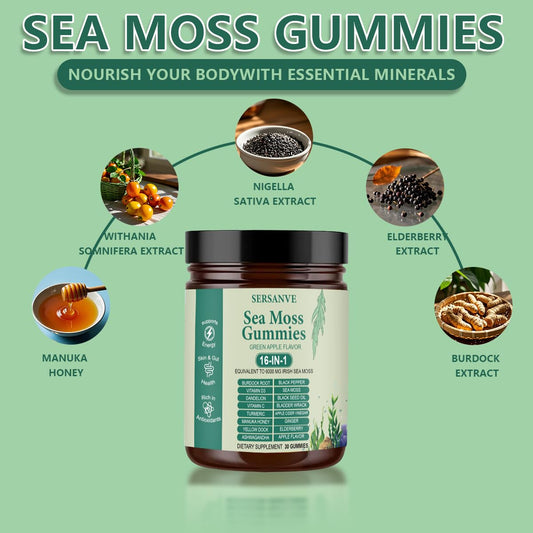 SERSANVE Sea Moss Gummies packaging highlights the 16-in-1 formula.