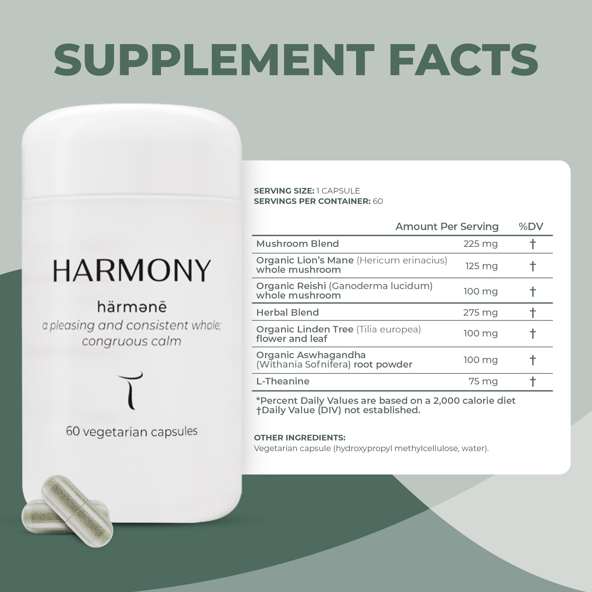 Closeup of Setas Harmony capsules highlights vegan capsules and clean organic ingredients.