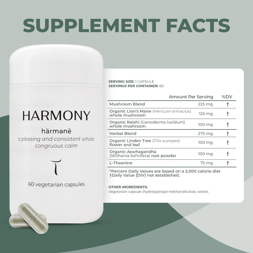Closeup of Setas Harmony capsules highlights vegan capsules and clean organic ingredients.