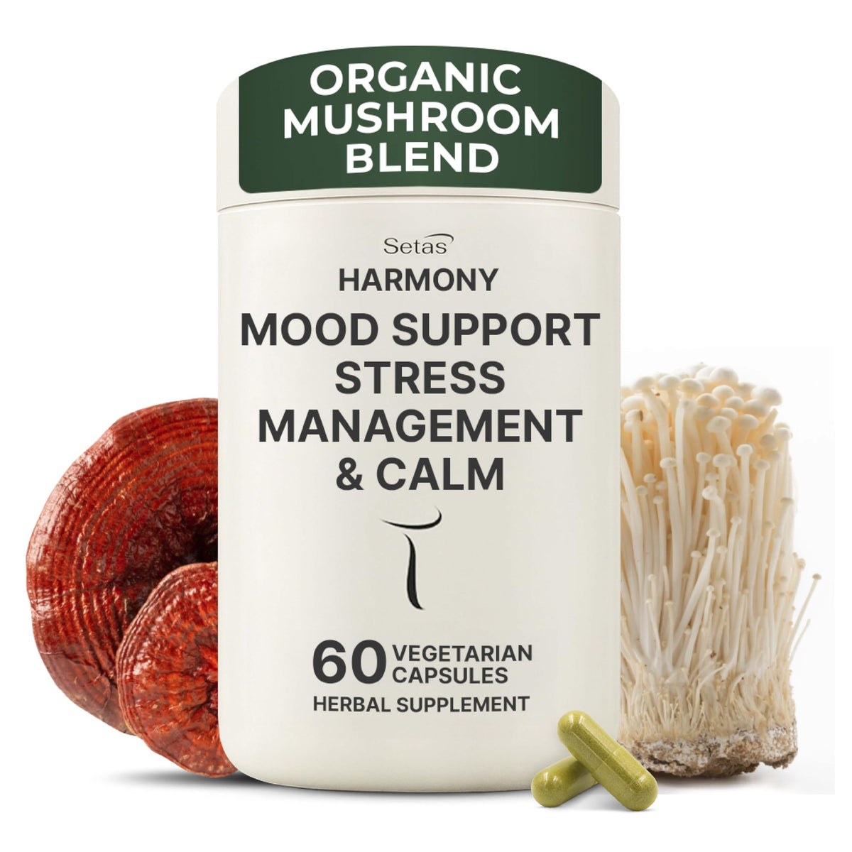 Setas Harmony mushroom blend bottle shows calming mood-supporting capsules for daily balance.