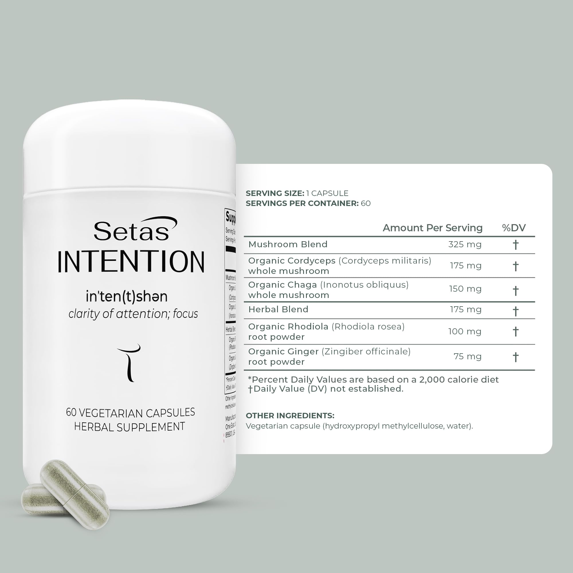 Setas Intention capsules close-up highlighting daily focus and energy support