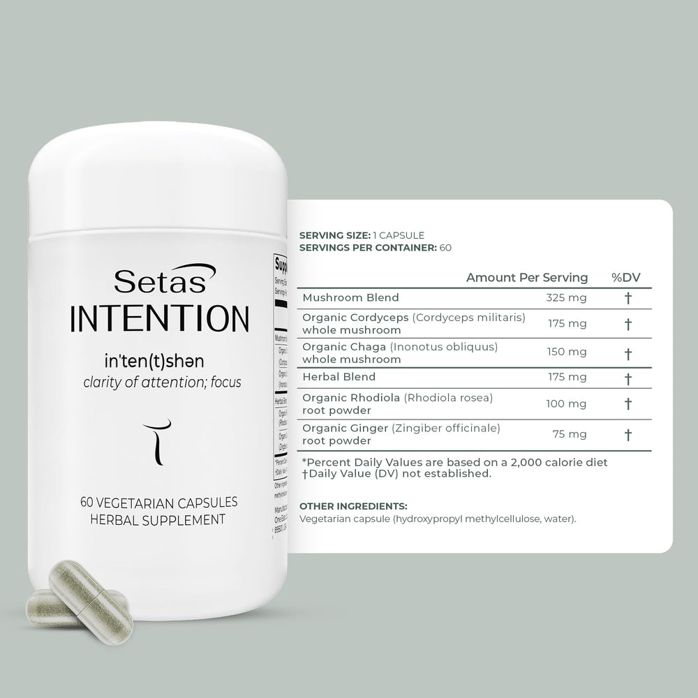 Setas Intention capsules close-up highlighting daily focus and energy support