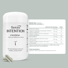 Setas Intention capsules close-up highlighting daily focus and energy support