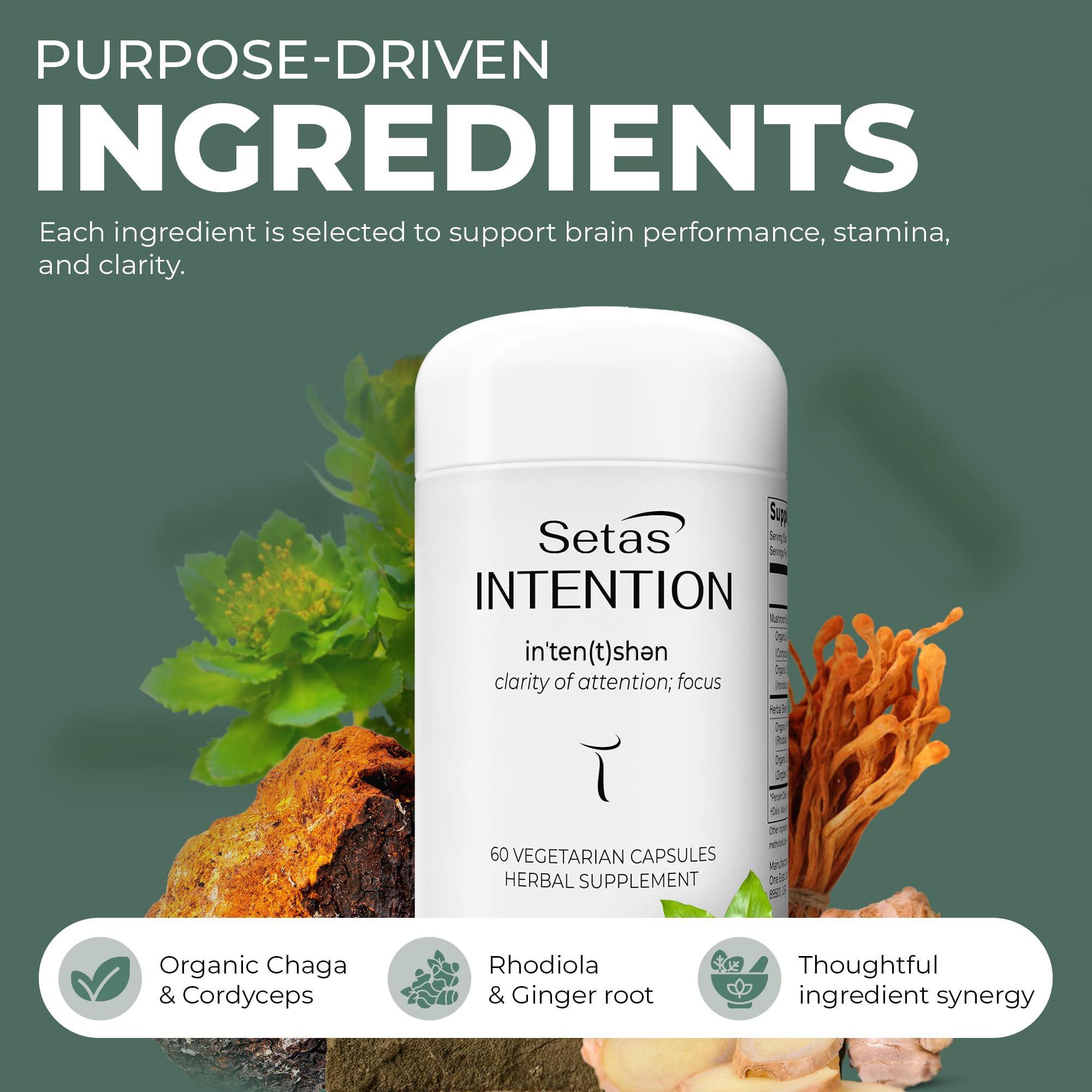 Setas Intention label design with organic mushrooms for mindful studying