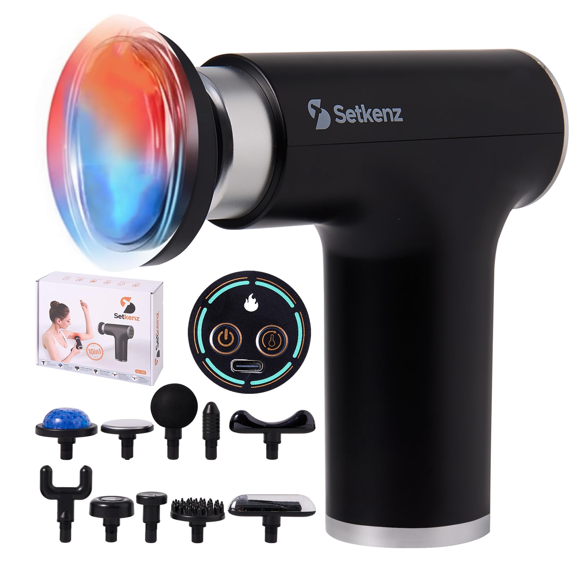 Setkenz massage gun with heat-cold head attached for targeted relief.