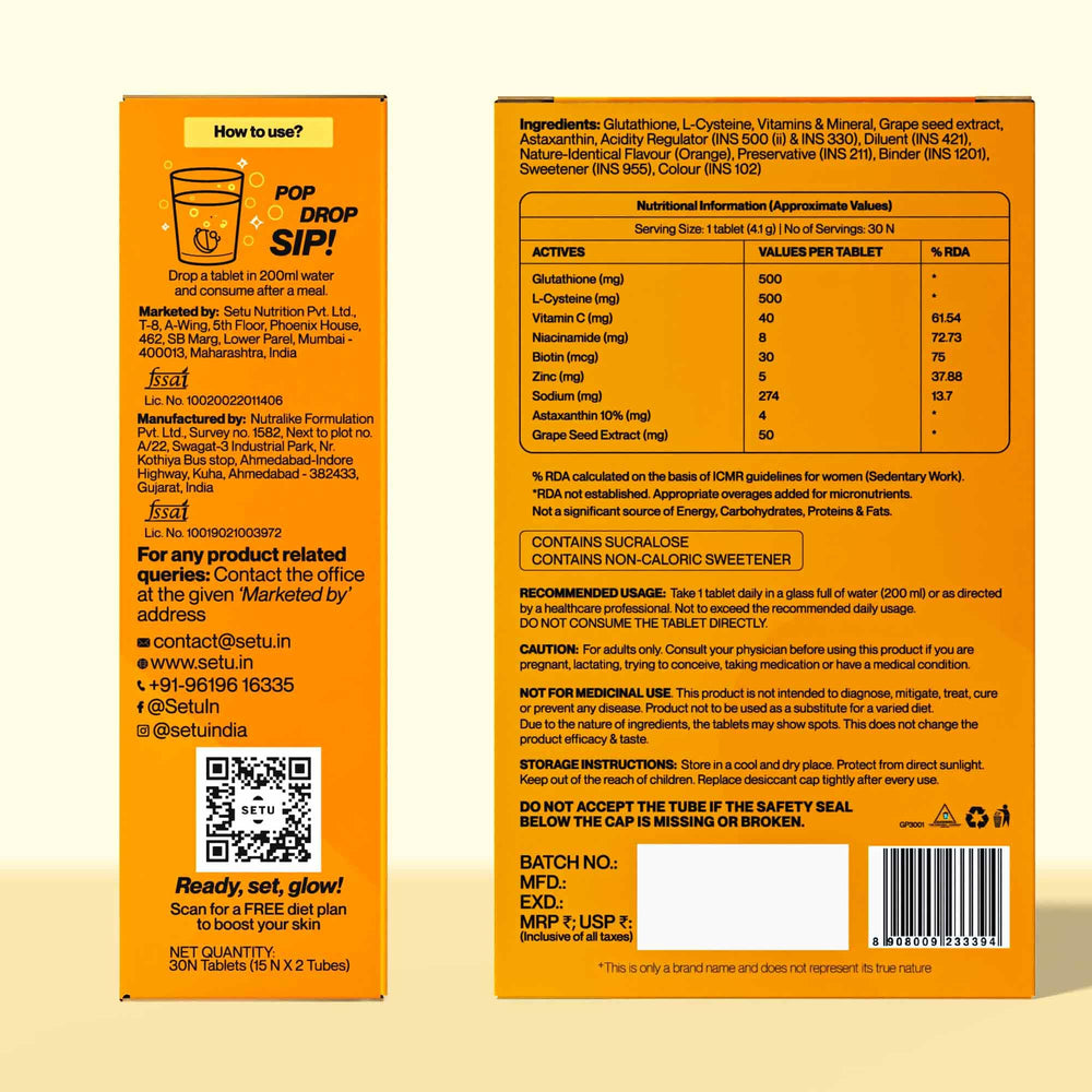 SETU four-pack packaging with 60 tablets per bottle for convenient supply