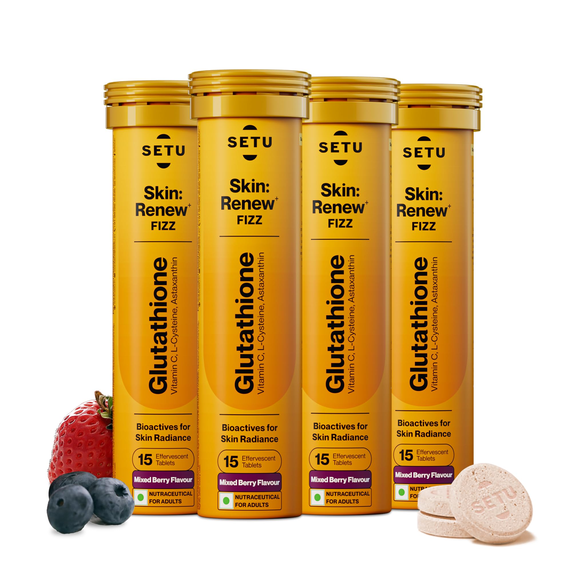 SETU Glutathione effervescent tablets in bottle with mixed berry flavor for daily antioxidant support.