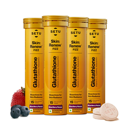 SETU Glutathione effervescent tablets in bottle with mixed berry flavor for daily antioxidant support.