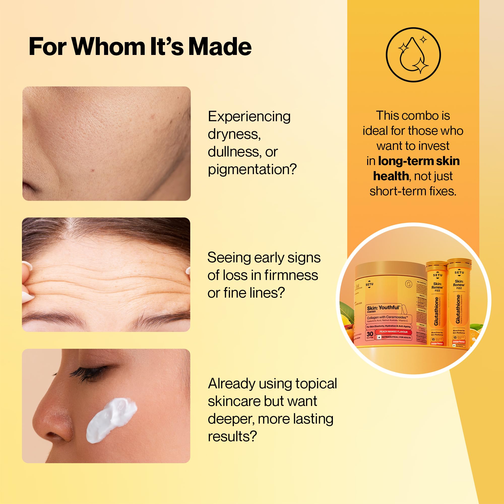 SETU Radiant Skin Combo collagen powder image emphasizes 8g AquaCol hydration support.