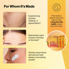 SETU Radiant Skin Combo collagen powder image emphasizes 8g AquaCol hydration support.