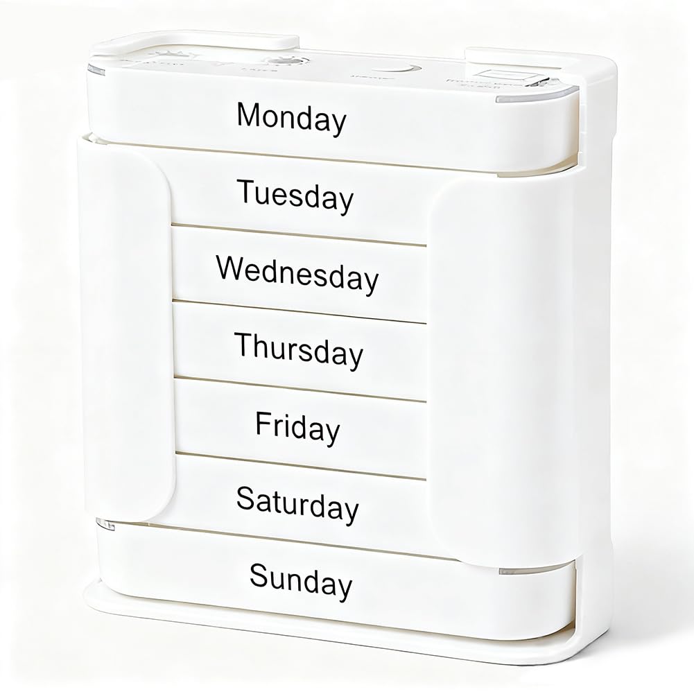 Seven-Day Medication Organizer top view with 28 compartments for week-long planning.