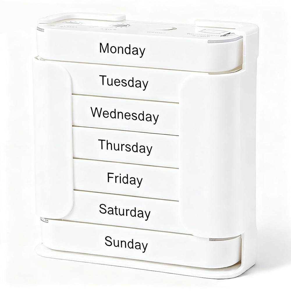 Seven-Day Medication Organizer top view with 28 compartments for week-long planning.