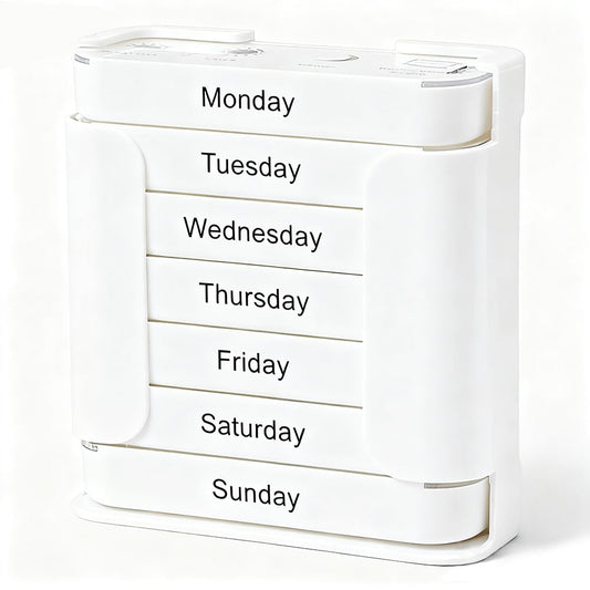 Seven-Day Medication Organizer top view with 28 compartments for week-long planning.