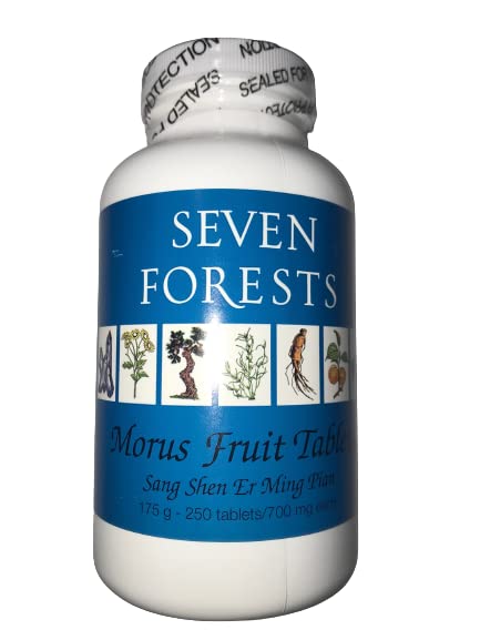 Seven Forests Morus Fruit Tablets bottle with pour for easy daily dosing.