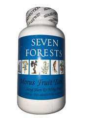Seven Forests Morus Fruit Tablets bottle with pour for easy daily dosing.