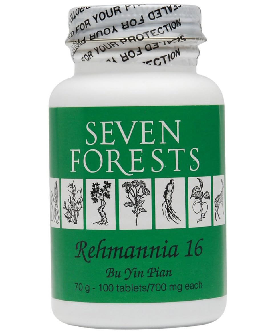 Seven Forests Rehmannia 16 tablets packaging, supporting steady hydration and balanced energy