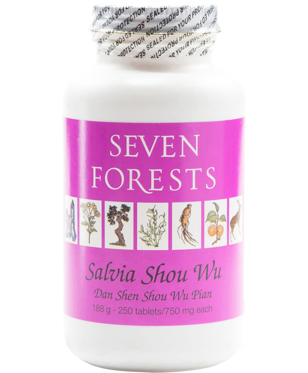 Seven Forests Salvia Shou Wu bottle with capsules supports circulation and Qi balance.
