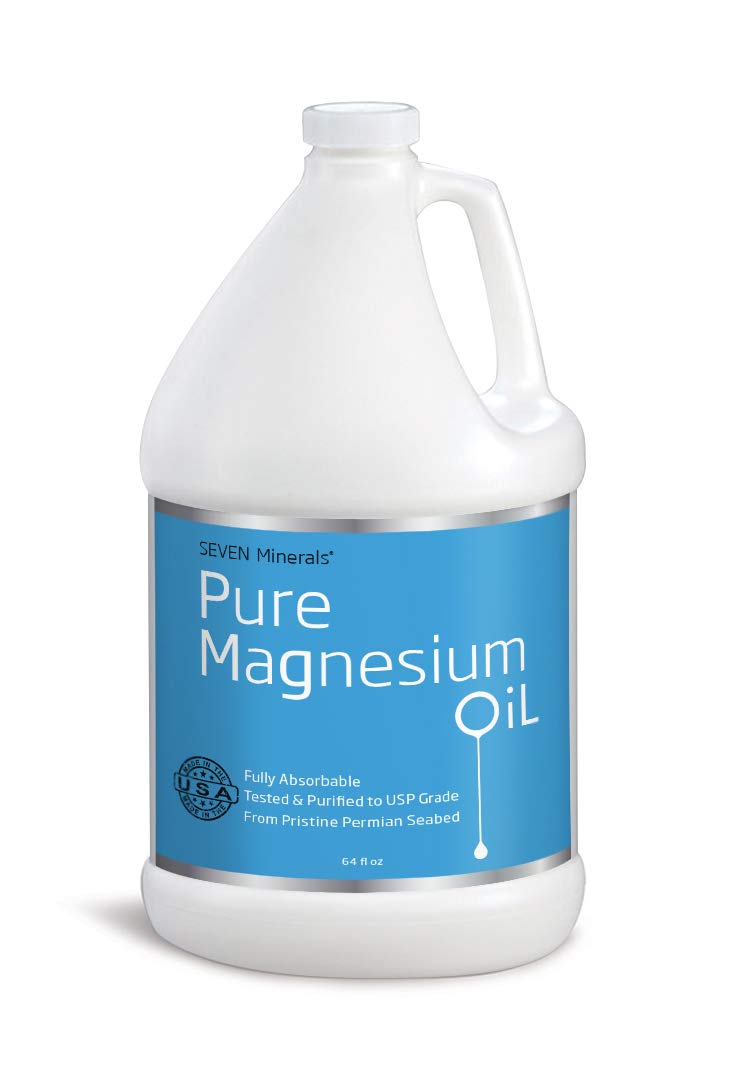 Seven Minerals Pure Magnesium Oil bottle may help soothe muscles and promote nighttime relaxation