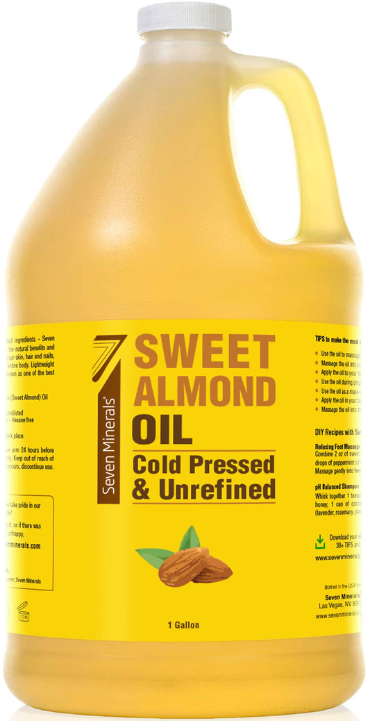 Seven Minerals Sweet Almond Oil bottle for nourishing skin and hair
