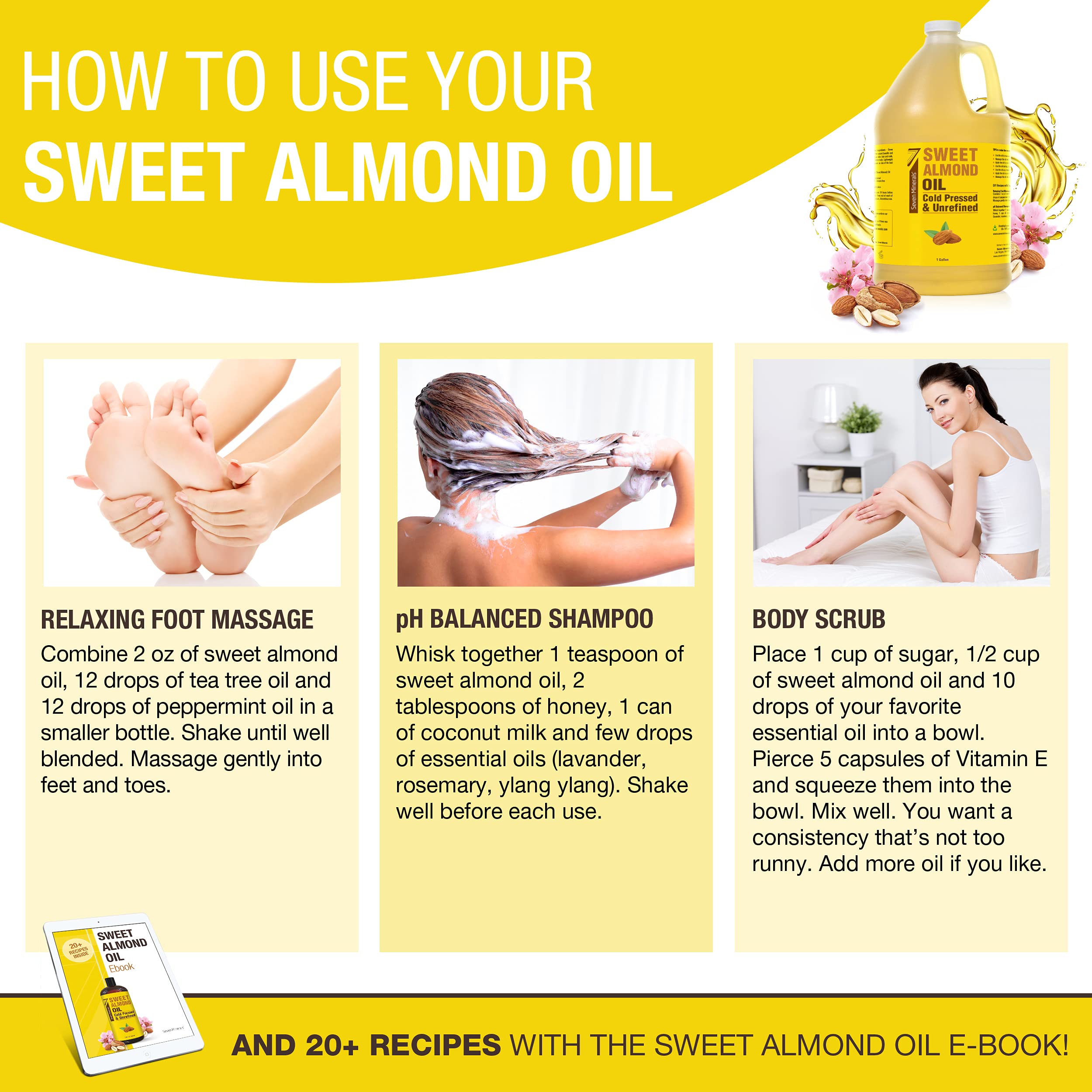 Seven Minerals Sweet Almond Oil bottle beside a brush for hair care