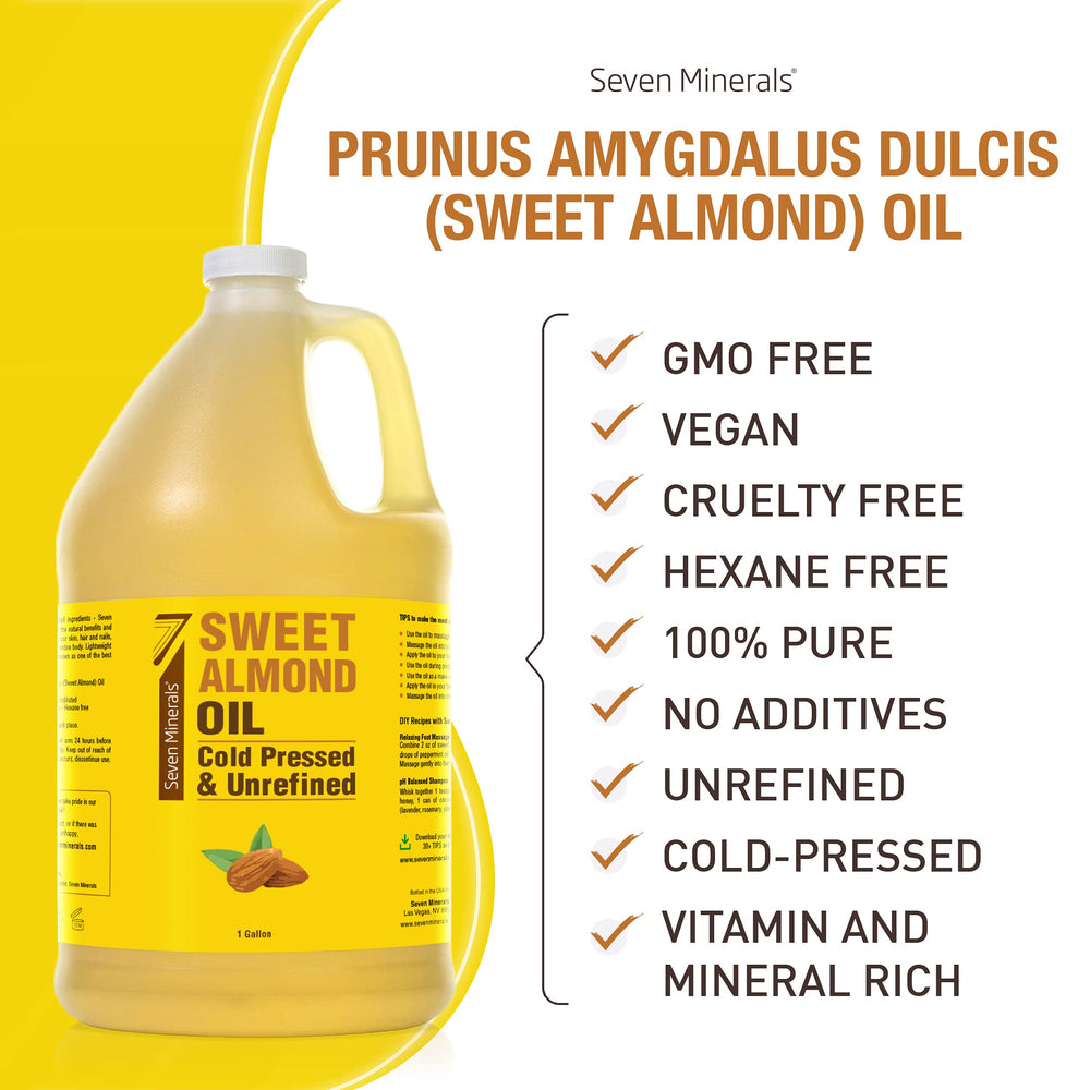 Seven Minerals Sweet Almond Oil label highlighting 100% natural, unrefined oil